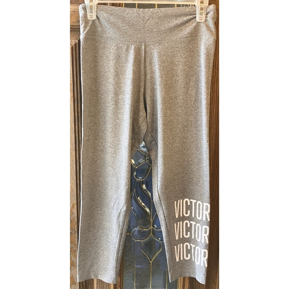 Victoria’s‎ Secret Sport Gray Logo Mid Rise Leggings Size M White Logo Crop EUC
